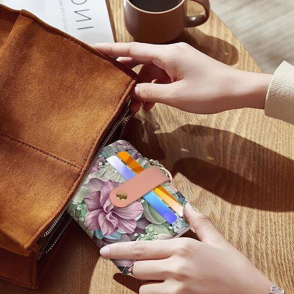 Women RFID Blocking Thin Credit Card Holder ID Window Purse Wallet Key Chain - Picture 6 of 6